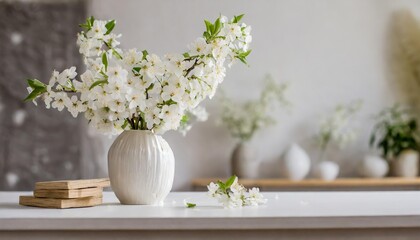 Obraz na płótnie Canvas home interior with white flowers in a vase on a light background for product display