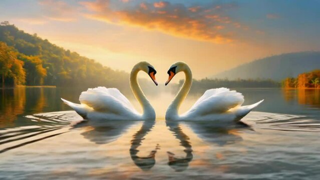 Two swans on the warm lake, making heart&nbsp;shape with Love animated video