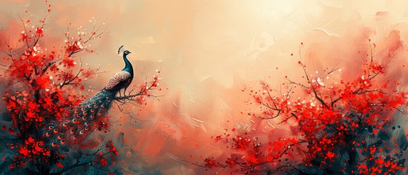 Abstract artistic background. Vintage illustration and paintings of flowers, plants, branches, peacocks, golden brushstrokes. Painting. Modern Art. Wallpapers, posters, cards, murals, prints, etc.