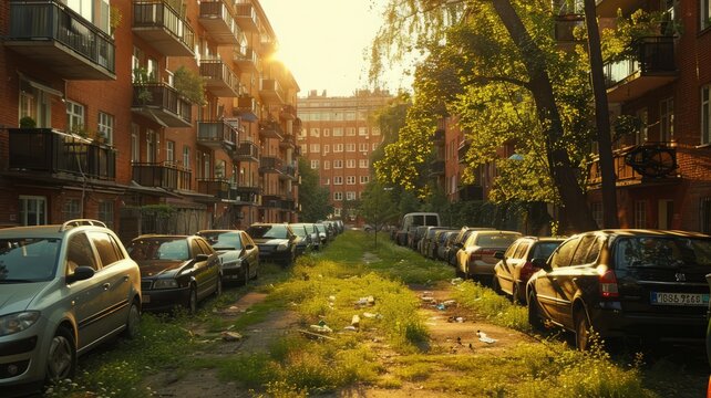 Green grass parking place in the city