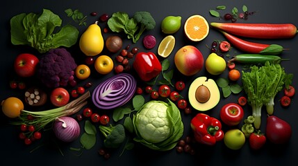 Composition with fresh vegetables and fruits on a black background, top view