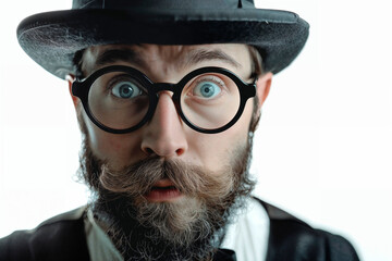un hombre con sombrero y gafas, gesto de sorprendido - obrazy, fototapety, plakaty