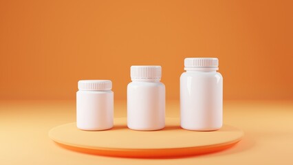 3d render of a row of white pills bottle on orange background