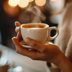 Close-up of  hands holding a steaming espresso cup focused on the cup with a blurred background of a rustic cafe