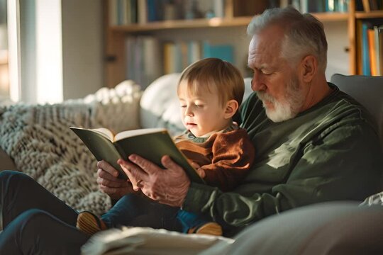 Man Reading Book to Child on Couch