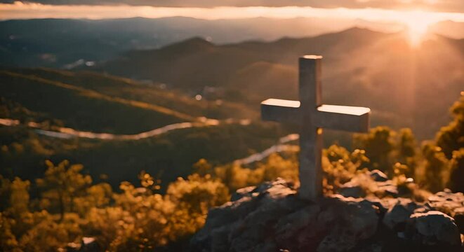 Christian cross on the top of a mountain.
