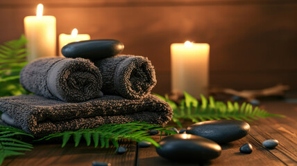 Fototapeta na wymiar Towel fern candles black hot stone wooden background spa treatment relax concept copy spa