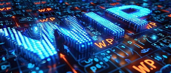Digital blue matrix binary code forms the acronym WIP, symbolizing the concept of Work in Progress.
 - obrazy, fototapety, plakaty