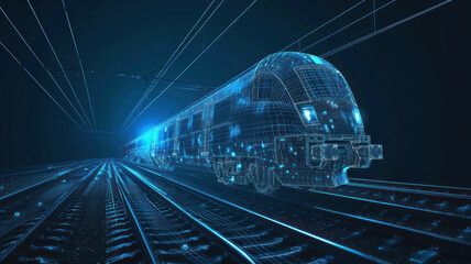 train transport technology low poly wireframe. isolated blue dark background