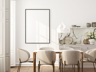 Frame mockup, ISO A paper size. Living room wall poster mockup. Interior mockup with house background. Modern interior design. 3D render

