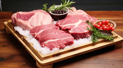 Fototapeta premium Raw fresh meat with ice on a wooden tray for dinner concept.