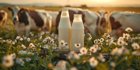 Bottles of fresh milk on a pasture with grazing cows - obrazy, fototapety, plakaty
