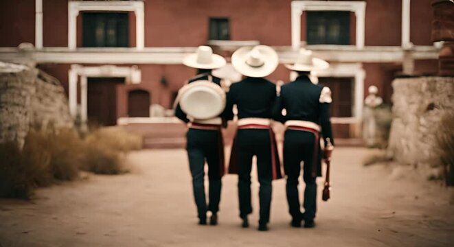 Back view of Mexican mariachis.