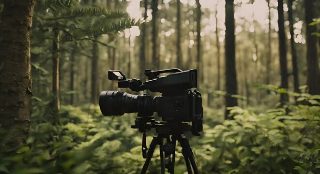 Movie camera in the forest.