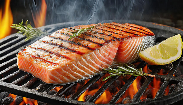 Grilled salmon steak, grilled fish, lemon. Barbeque, food, ready to eat, tasty, delicious, sea food, healthy. Image generated with AI. Image generated with AI.