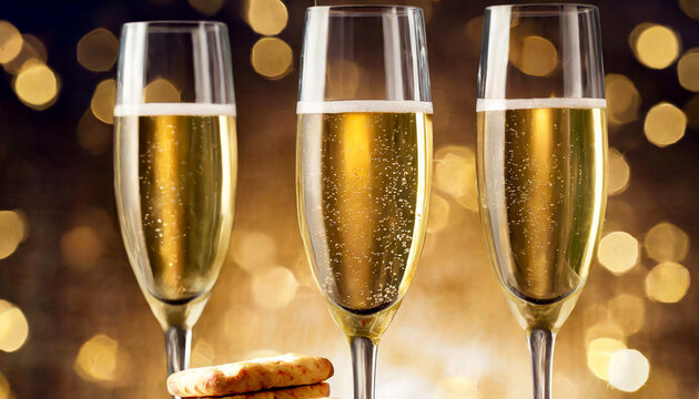 Three glasses of champagne. Celebration, sparkling wine, taste, delicious, festive, drink, beverage. Image generated with AI. 