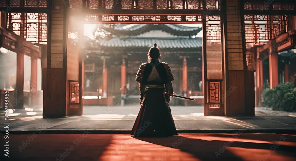 Wall mural samurai in a japanese temple.