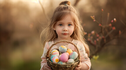 Fototapeta na wymiar Little Girl with Easter Basket in Golden Hour Light