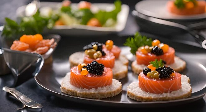 Salmon and caviar canapes.