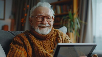 Obraz premium Portrait of smiling senior man using digital tablet computer or e-book at home