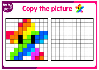 Copy the image and add the grid image. Study sheets showing squares. Preschool coloring pages, children's games. Pixel cartoon, vector illustration. star