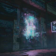 Naklejka premium Glitching Hologram Flickering on Abandoned Storefront, Creating a Haunting Futuristic Scene Generative AI