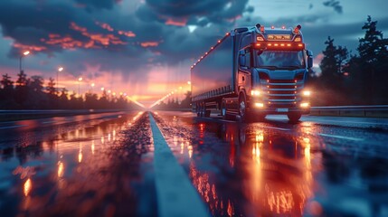 Semi Truck Driving on Wet Road at Night - obrazy, fototapety, plakaty