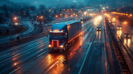 Semi Truck Traveling Along Highway at Night - obrazy, fototapety, plakaty