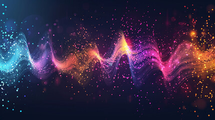 Abstract colorful sound wave with energy particles and light effect on black background - obrazy, fototapety, plakaty