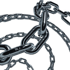 Metal chain links. 3d rendering illustration isolated on white background, 3d render realistic chain in chrome