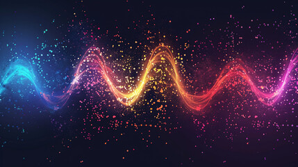 Abstract colorful sound wave with energy particles and light effect on black background - obrazy, fototapety, plakaty
