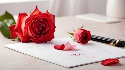 "Blushing Beauty: Fresh Red Rose on White Table with Letter"