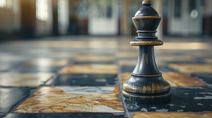 Black and Gold Chess Piece on Tiled Floor