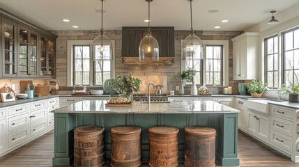 Spacious Kitchen With Center Island and Stools