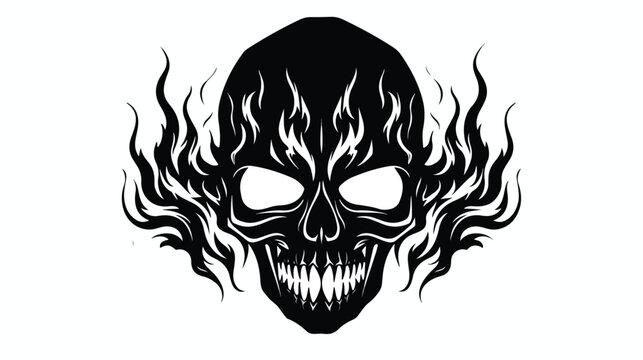 Skull on Fire with Flames Vector Illustration. black