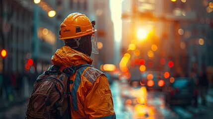 Construction Worker With Hard Hat and Backpack in City