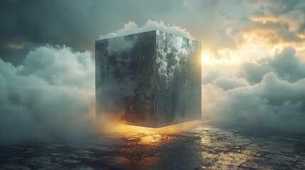 Cube Floating in Ocean Amidst Clouds - obrazy, fototapety, plakaty