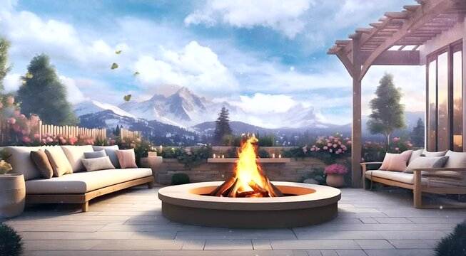 footage illustration vignette of a cozy outdoor space with elements such as a fire pit, pergola, and garden bed against the backdrop of a snowy mountain view and romantic sky colors
