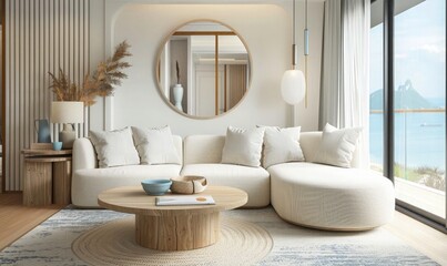 Fototapeta na wymiar Modern home interior design of living room. Round sofa middle of room with mirror, interior design with coffee table, 3d render interior home design.