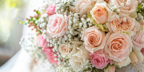 bridal bouquet pale pink roses and mixed flowers  holded by blonde bride - Powered by Adobe