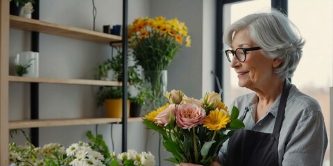 An elderly woman florist with gray hair is happy to collect a stylish modern bouquet in her flower shop salon. Sunny day, windows. Hobby. Small business. Sincere emotions.