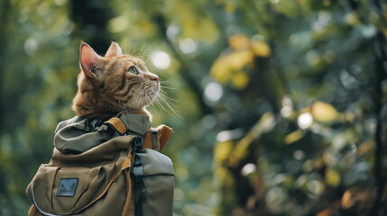 Adventurous cat, clad in travel gear and a backpack, explores natures wonders, embodying curiosity and wanderlust in its journey through scenic landscapes - obrazy, fototapety, plakaty