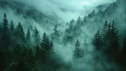 Misty Forest With Dense Trees