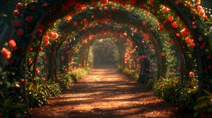 Red Flower-Lined Pathway in Fantasy Archway - obrazy, fototapety, plakaty