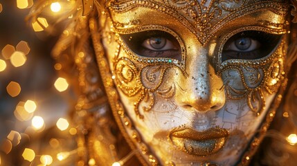 Close Up of Person Wearing Golden Masquerade Mask