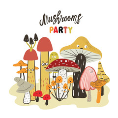 Cartoon mushroom set. Funny print. Mushrooms party poster with funny characters with eyes
