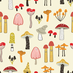 Cartoon mushrooms with eyes seamless pattern. Funny print with characters
