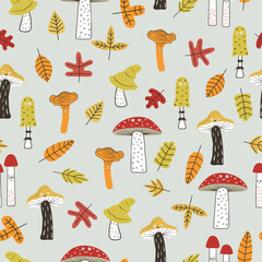 Cartoon mushrooms with eyes and autumn leaves seamless pattern. Funny print with forest characters