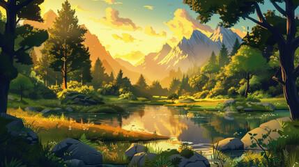 A lush forest in golden light of sunset, with rugged mountains rising in the background and a meandering river reflecting the warm hues of the sky, cartoon scene