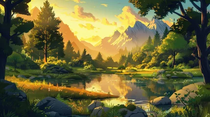 Foto auf Acrylglas A lush forest in golden light of sunset, with rugged mountains rising in the background and a meandering river reflecting the warm hues of the sky, cartoon scene © Sunday Cat Studio